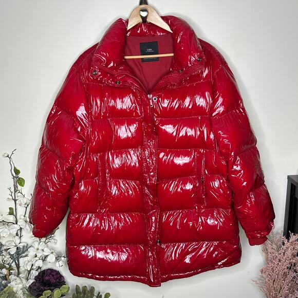 ZARA Oversized Puffer Glossy Shiny Jacket Coat Red Vogue Runway Sz M - Picture 5 of 9